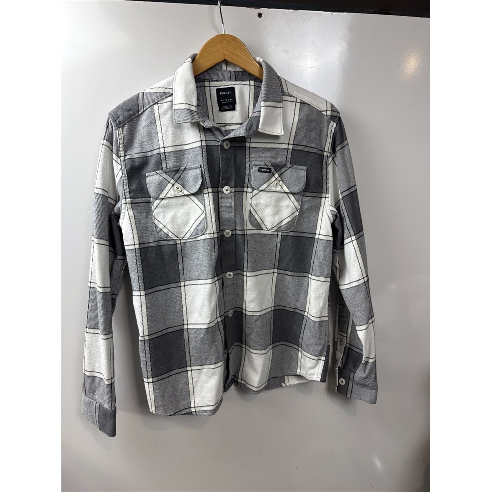 RVCA Shirt Mens M Gray Plaid Flannel Long Sleeve Button Up Pockets Casual